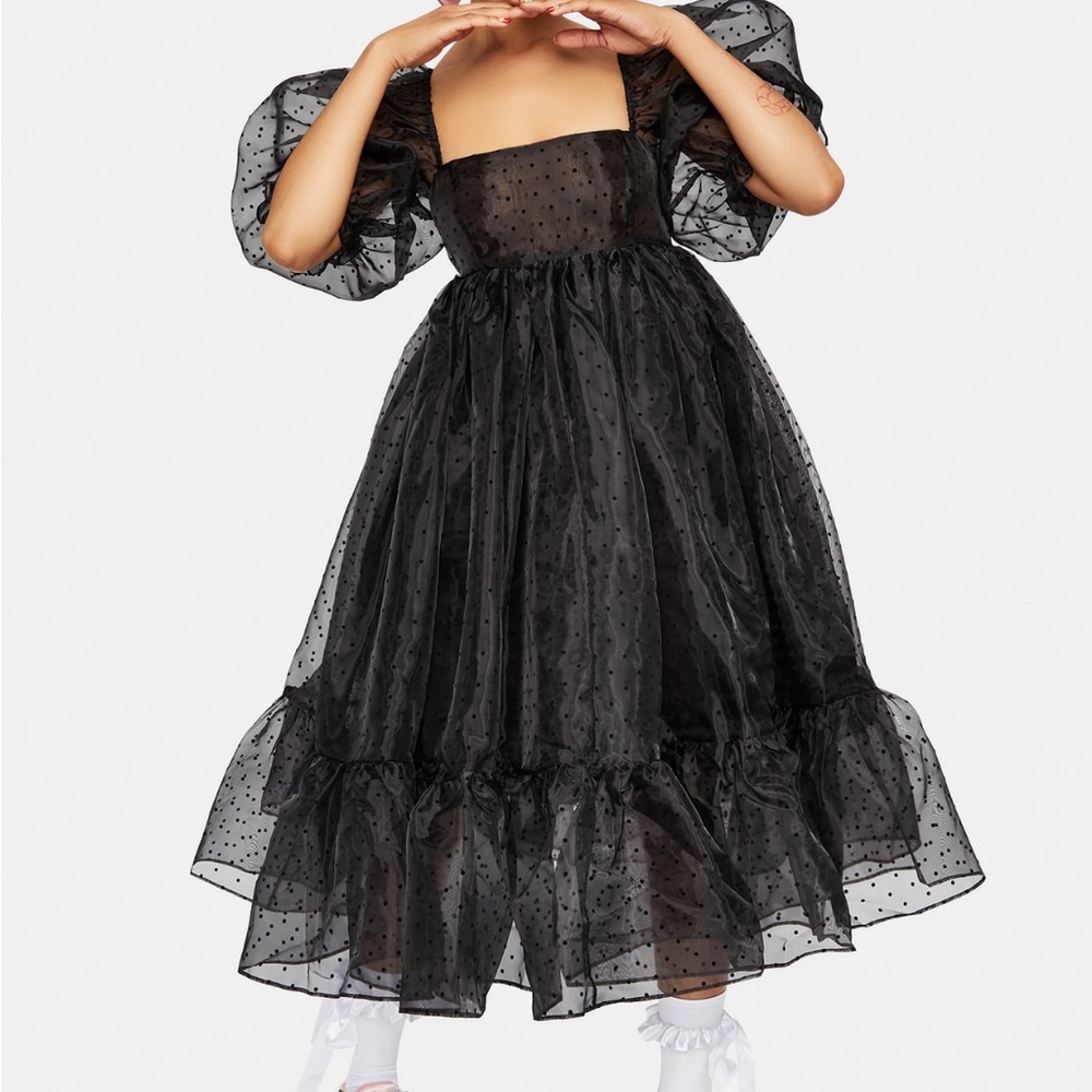 Selkie puff dress (longer length) Medium Black French Dot